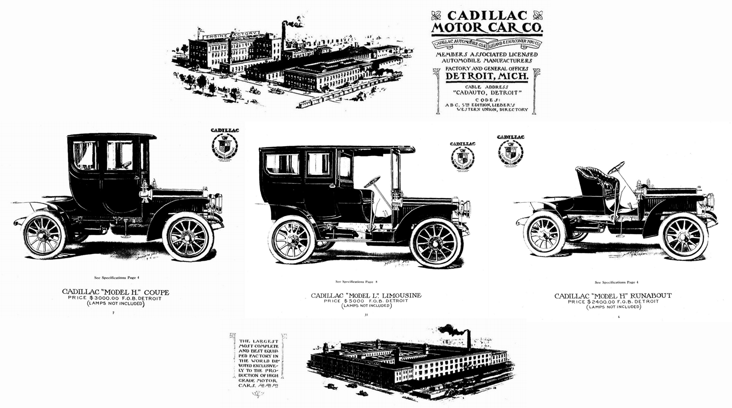 Часть линейки Cadillac 1907 года и фабрика в Детройте, штат Мичиган. Коллаж из страниц рекламного буклета
