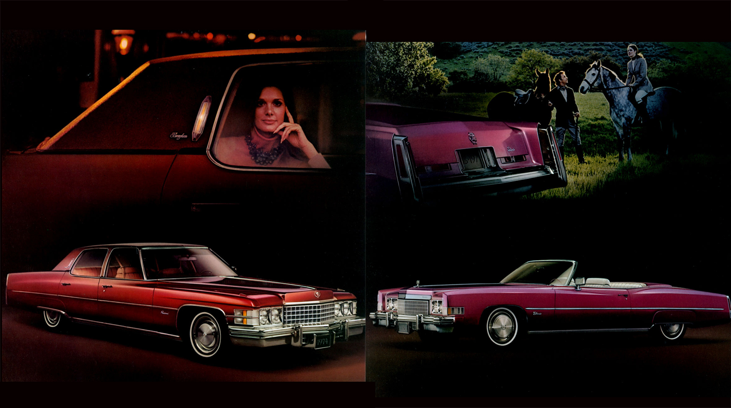 Cadillac Fleetwood Brougham и Eldorado Convertible 1974 года. Коллаж из страниц рекламного буклета
